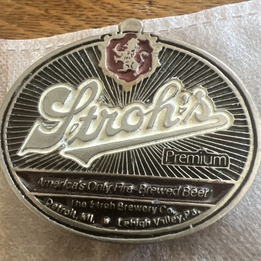 Vintage Stroh's Premium Fire Brewed Beer Enameled Belt Buckle Serial #EB2235